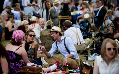 Reveller's picnic at the Chap Olympiad, an eccentric sporting event held in Bedford Square on July 13, 2013 in London, England.