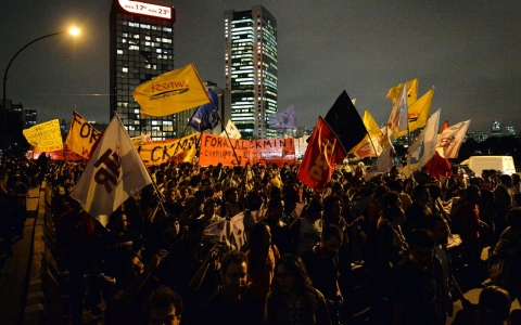 Demonstrators take part in the 'Teachers' day' protest, demanding better working conditions and against police violence in Sao Paulo, Brazil. 