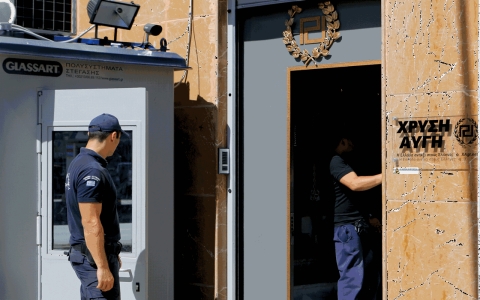 A policeman guarding the headquarters of Greece’s far-right Golden Dawn party watches a member of the party, right, enter the building, in Athens.