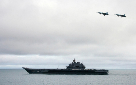 Russian aircraft-carrier Admiral Kuznetsov is seen during a military exercises of the North Fleet, August 2005.