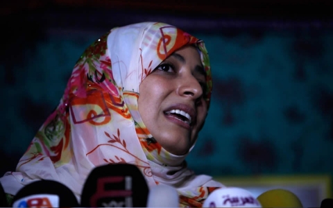 Tawakul Karman addresses a press conference at Taghyeer Square protest camp in Sanaa, Yemen,  April 18, 2013.