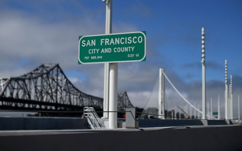 The new eastern span of the Bay Bridge, with the old span in the background.