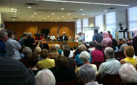 A crowd packed into the West Hartford, Conn., town hall where Rep. John Larson listened to constituents' concerns over military action in Syria.