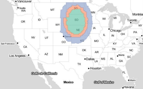 Displaced Syrian refugees overlayed over the United States