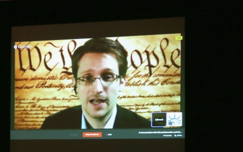 Thumbnail image for Edward Snowden, remotely rocking SXSW