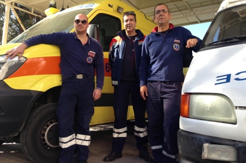 (L to R) Paramedics Leandros Giakoumis, Dimitrios Begiannis and Kostas Soropos participated in a protest on Nov. 2 about the increasing strains on their staff of 32.