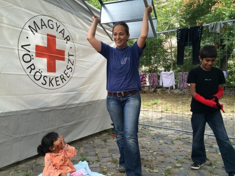 Zsuzsanna Zsohar, a volunteer with Migration Aid, pictured at a "transit zone" help center for refugees at a Budapest train station.