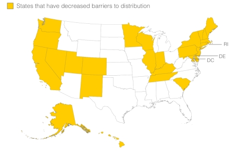 States that have decreased barriers to syringe distribution