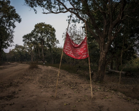 A Maoist notice declaring a strike is set up on a road by the forests of southern Bastar in Chhattisgarh, India.